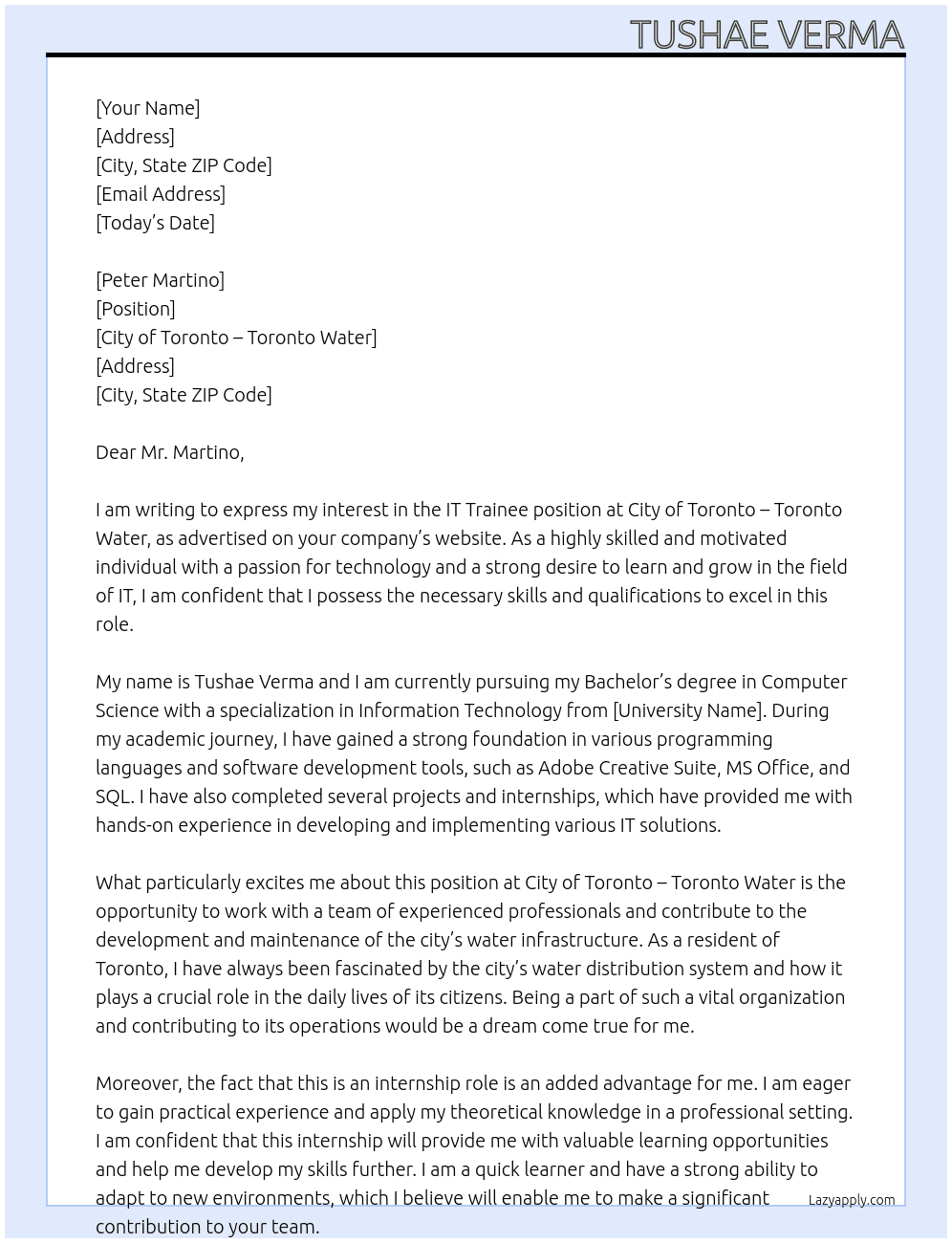 IT Trainee At City of Toronto - Toronto water Cover Letter