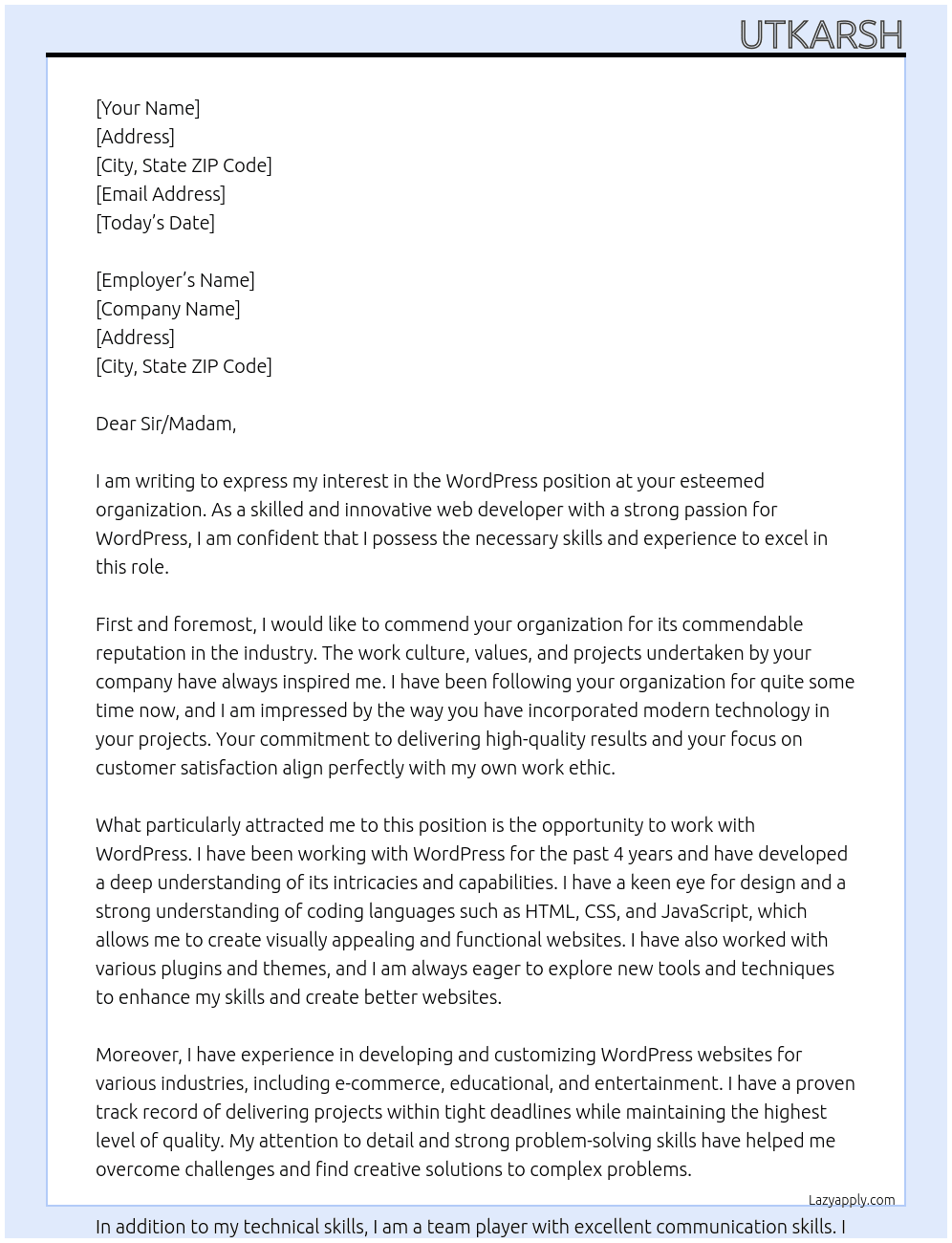 Cover letter for wordpress - LazyApply