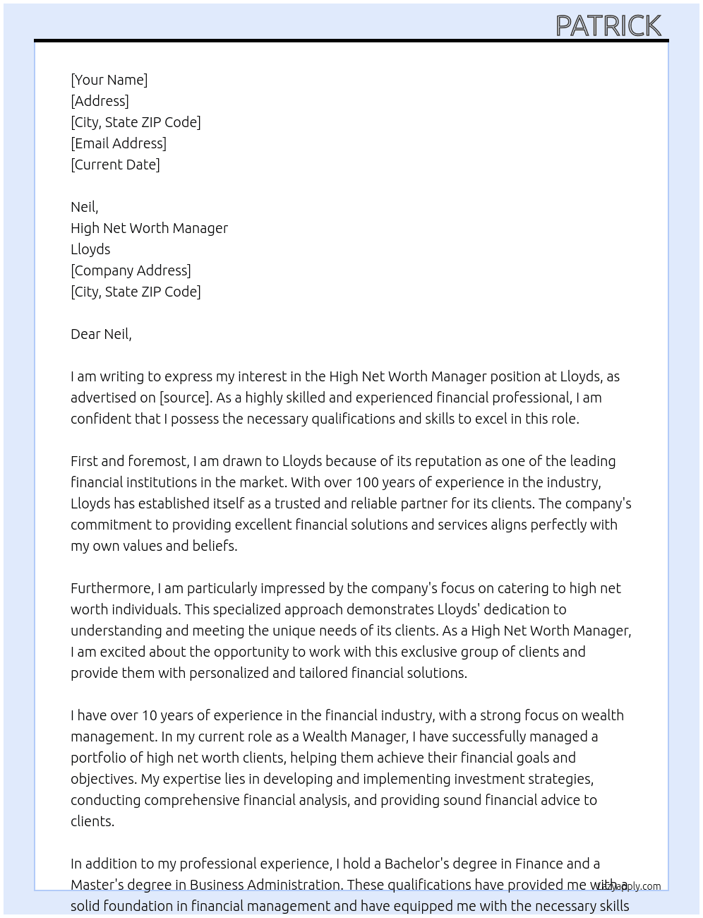 High net worth manager At Lloyds Cover Letter
