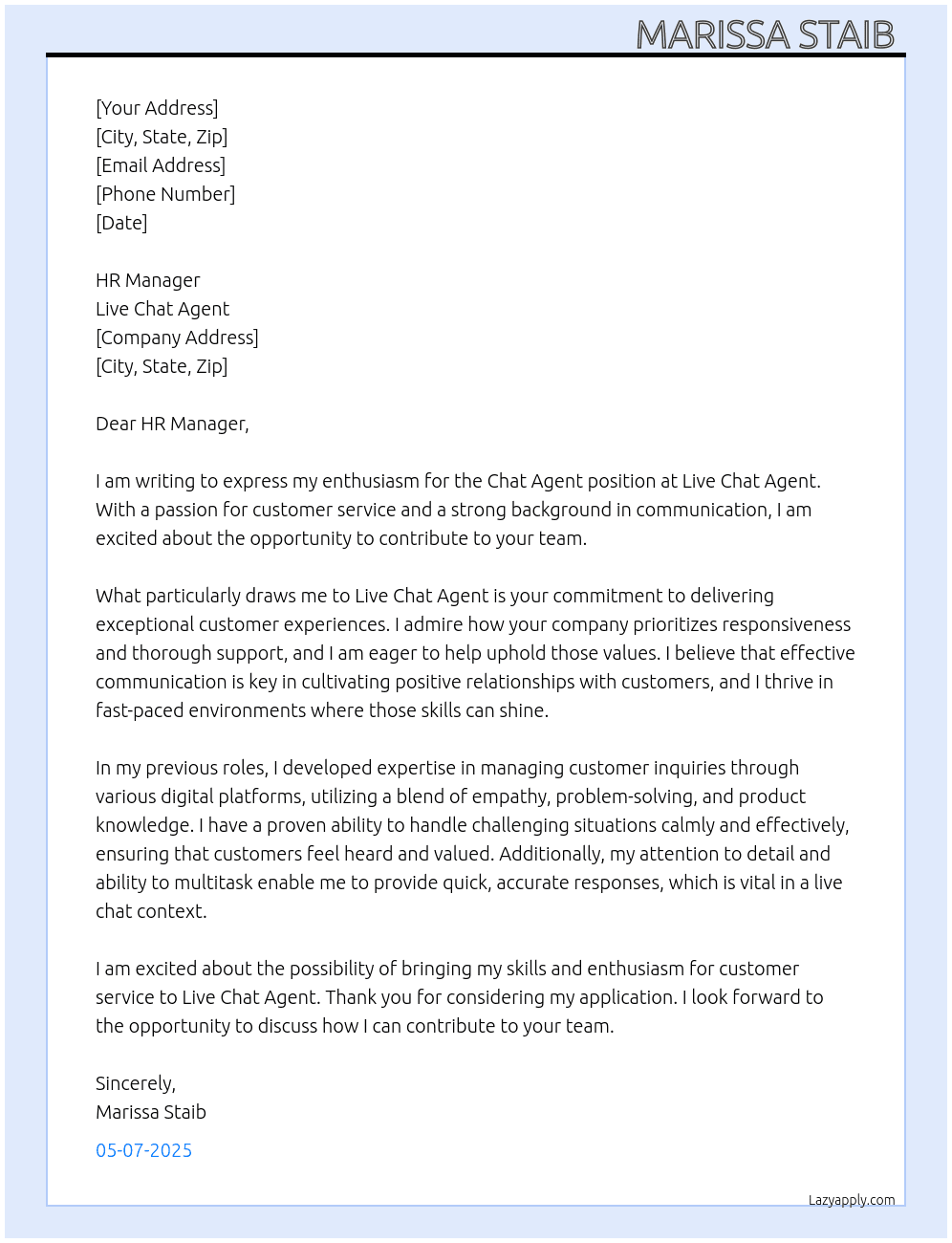 Cover letter for chat agent - LazyApply