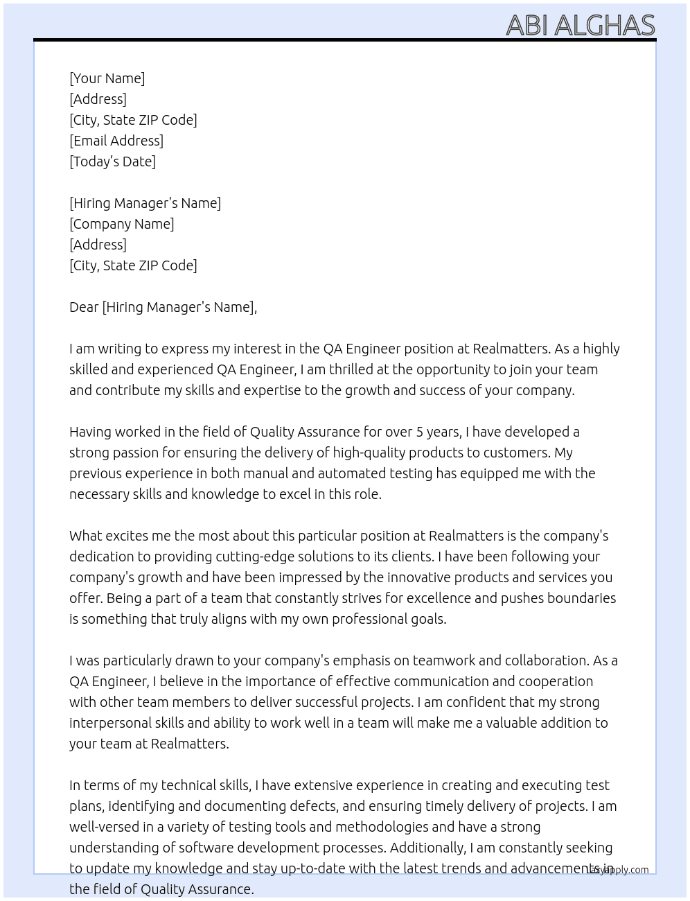 QA ENGINEER At realmatters Cover Letter