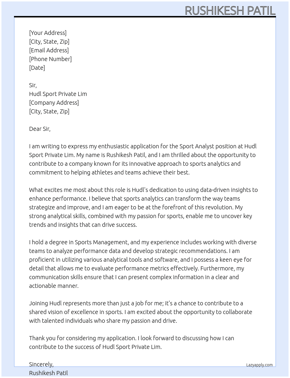 sport analyst At hudl sport private lim Cover Letter