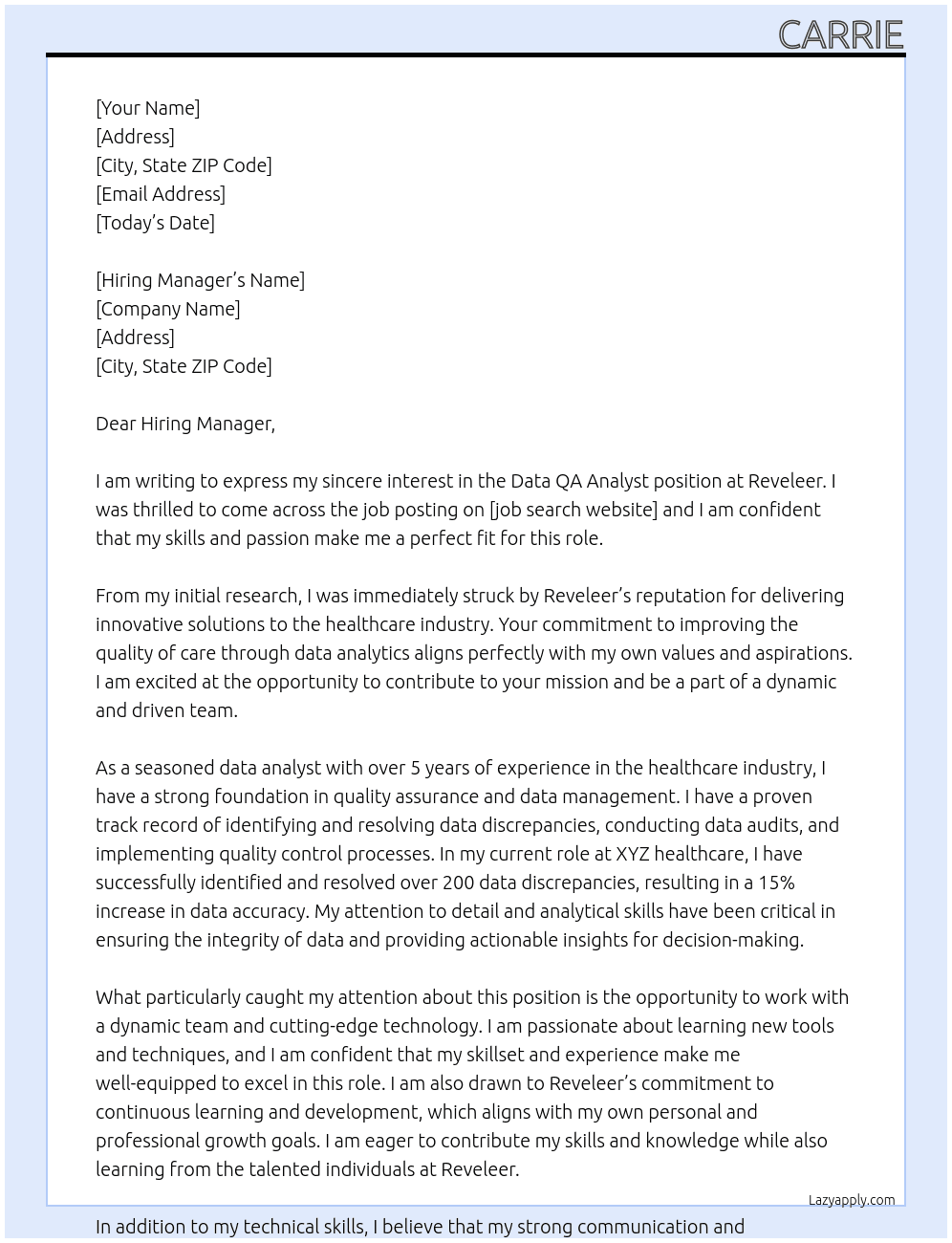 Data QA Analyst At Reveleer Cover Letter