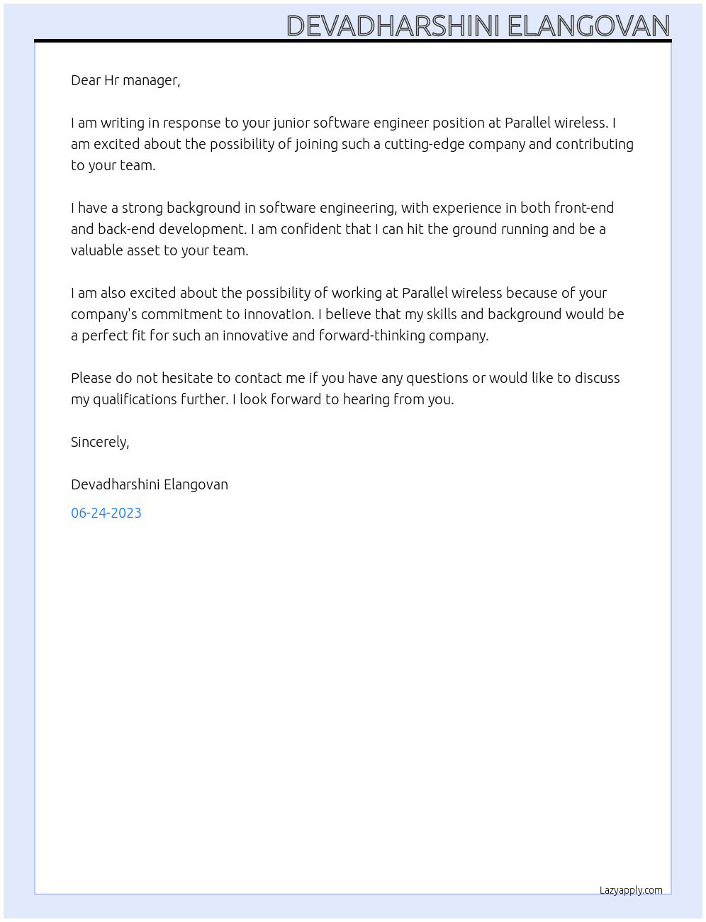 Junior software engineer  At Parallel wireless  Cover Letter