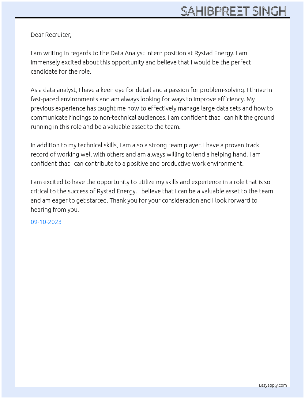 Data Analyst Intern At Rystad Energy Cover Letter