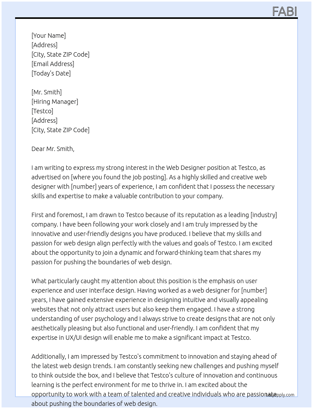Web designer At Testco Cover Letter