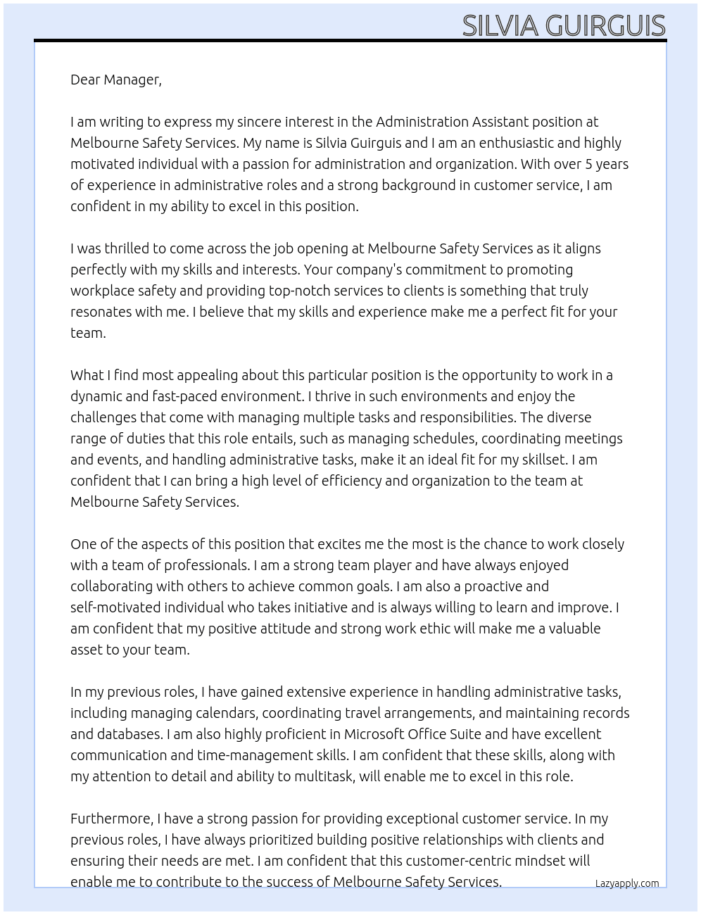 Administration Assistant At Melbourne Safety Services Cover Letter