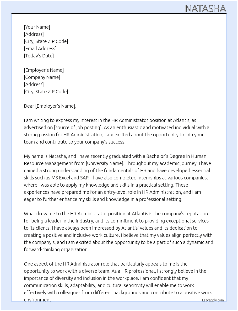 HR administrator At atlantis Cover Letter