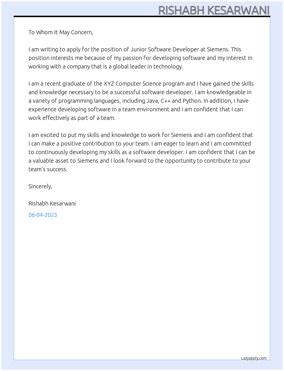 Junior Software Developer At Siemens Cover Letter