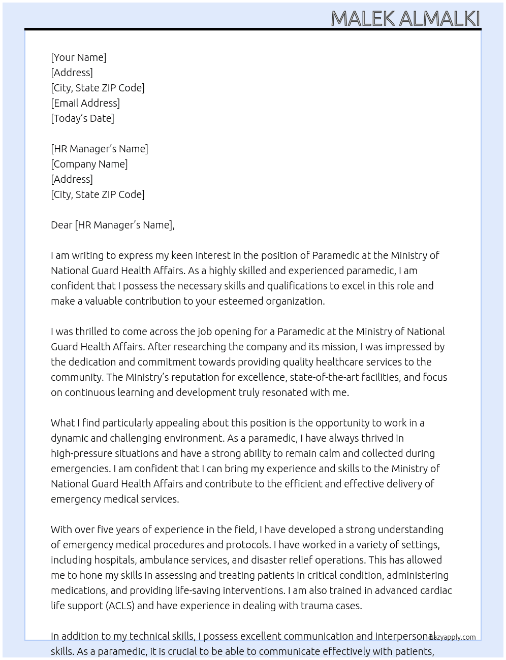 Paramedic At Ministry of National Guard Health Affairs Cover Letter