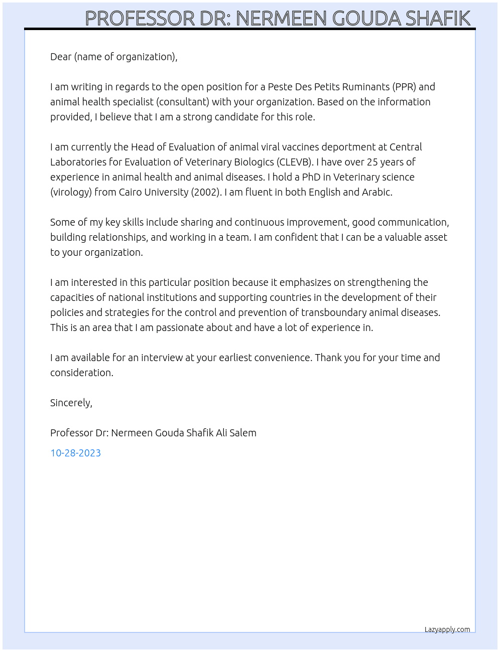 Peste Des Petits Ruminants ( PPR) and animal health specialist ( Consultant) At FAO organization Cover Letter
