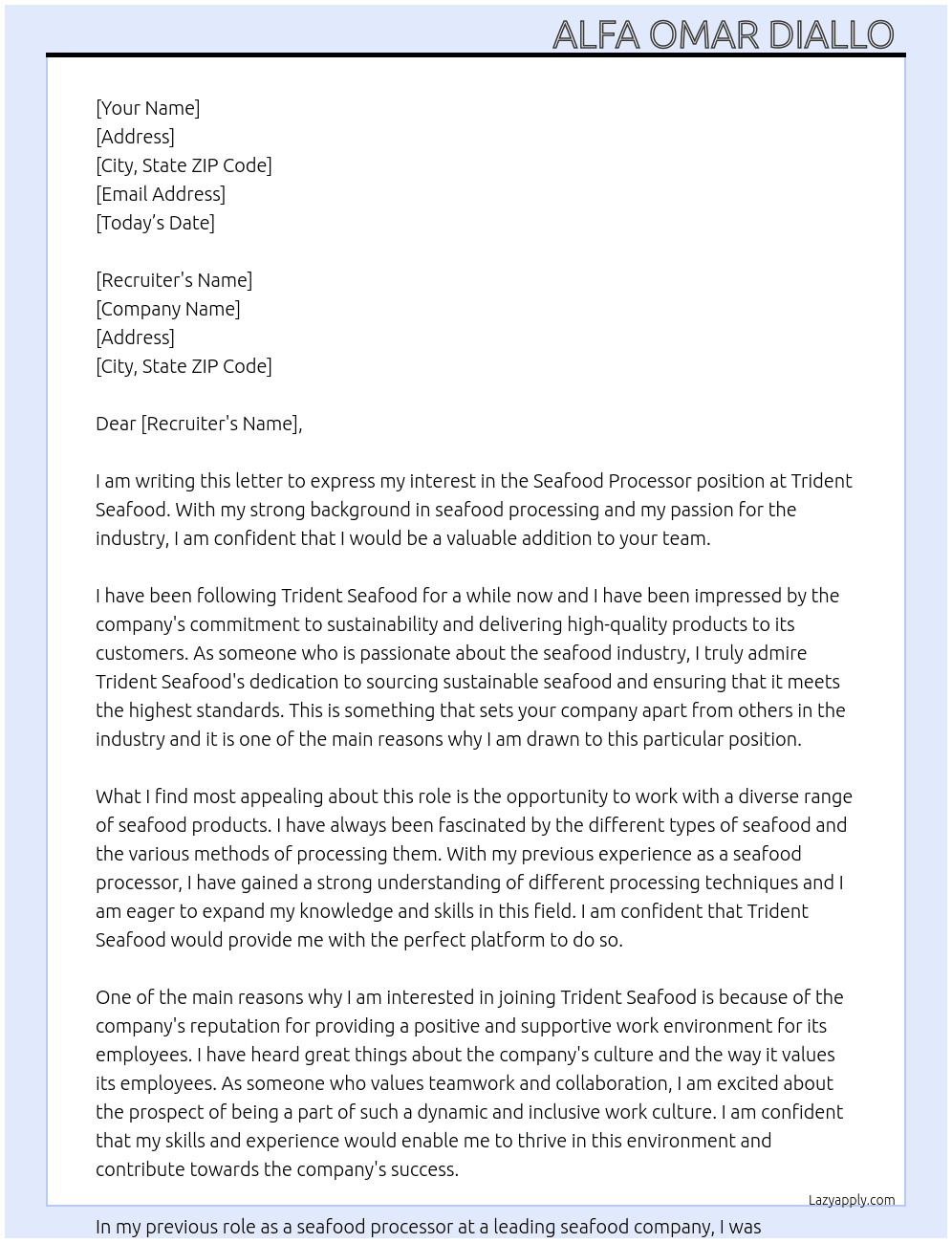 Seafood processor At Trident seafood Cover Letter