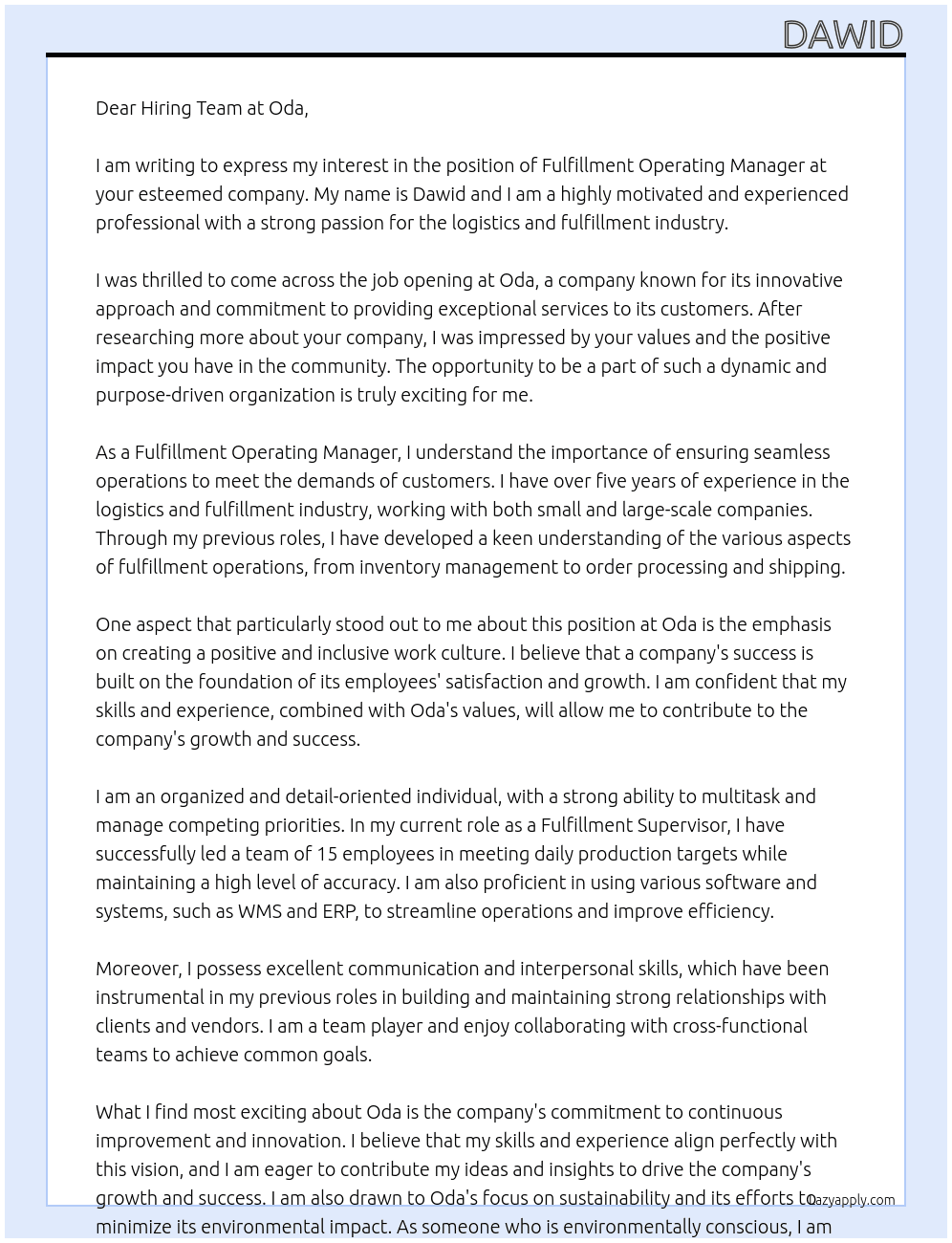 Fulfillment Operating Manager  At Oda Cover Letter