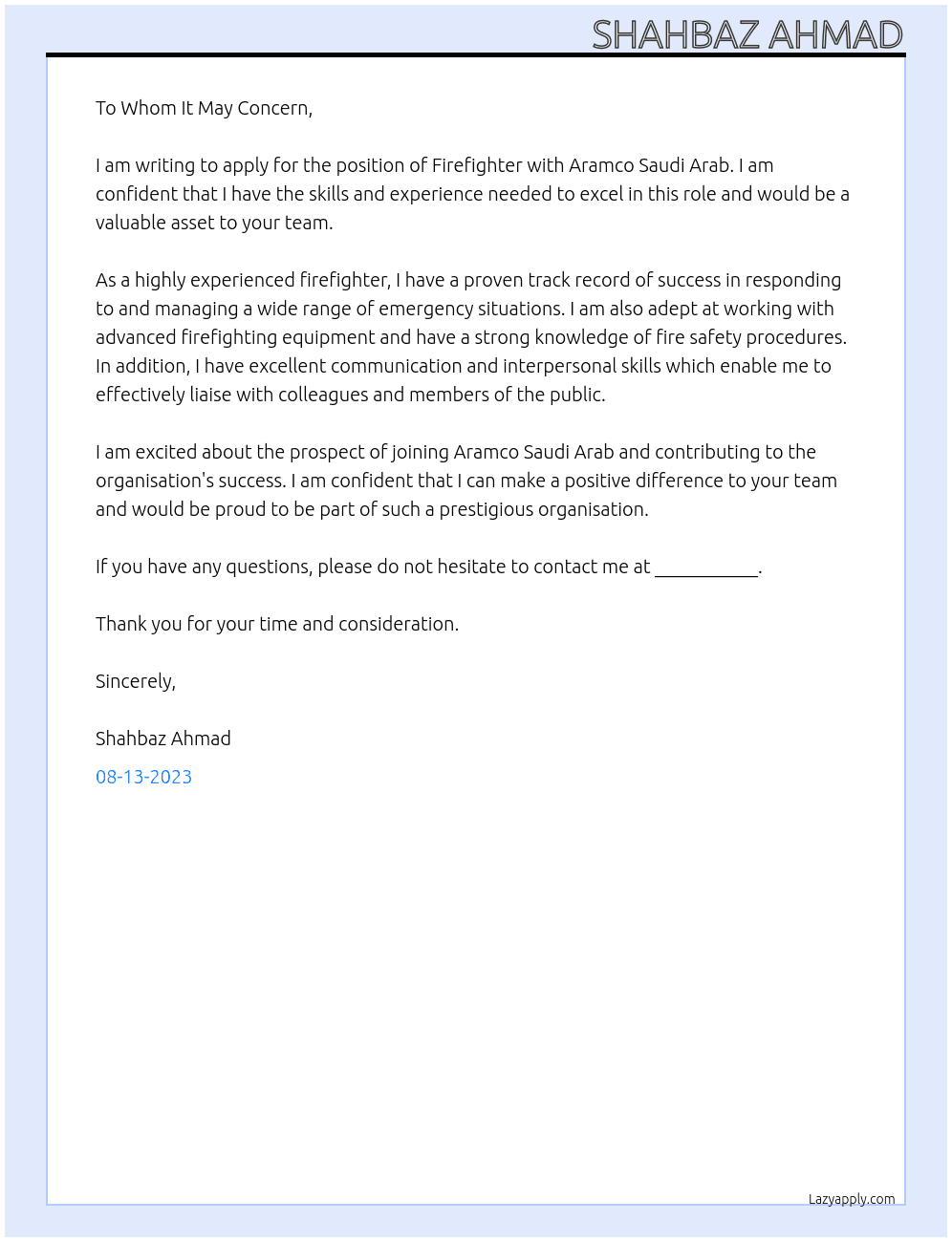 firefighter At aramco saudi arab Cover Letter