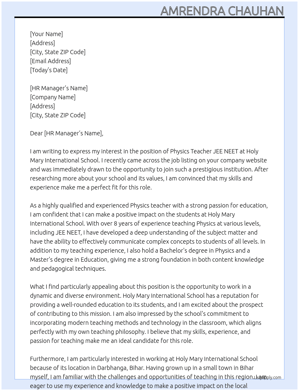 Physics teacher jee neet At Holy mary international school  Cover Letter