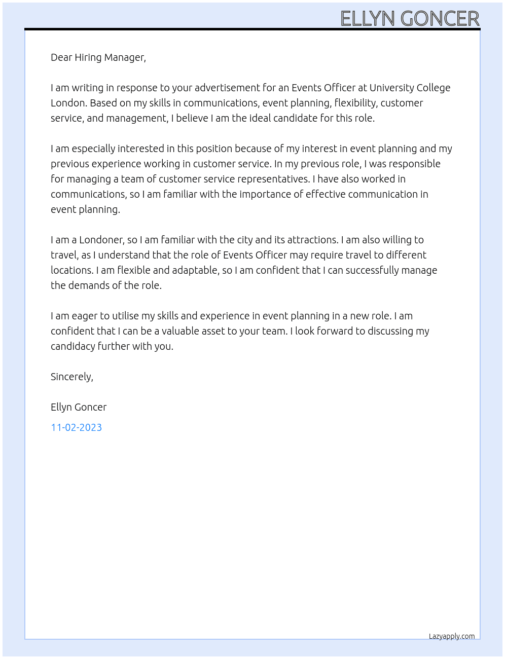 Events Officer At University College London Cover Letter