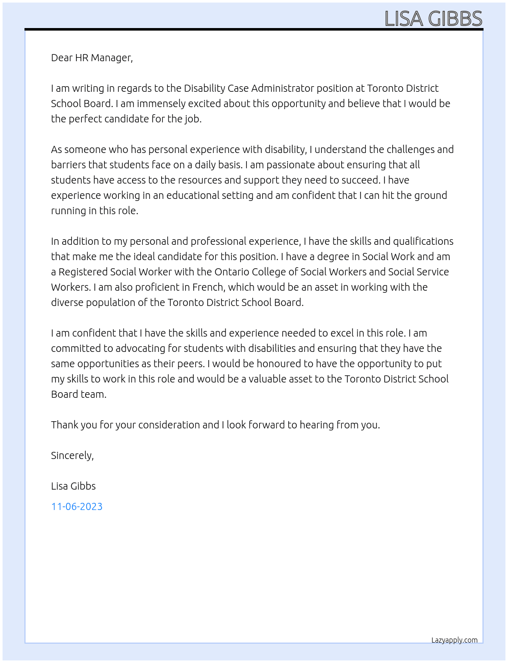 Disability Case Administrator At Toronto District School board Cover Letter