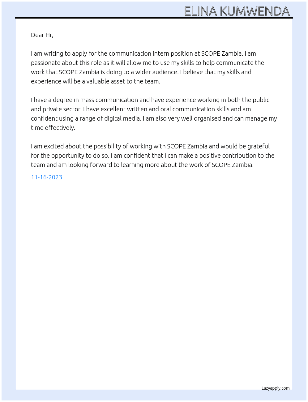 Communication intern At SCOPE Zambia  Cover Letter