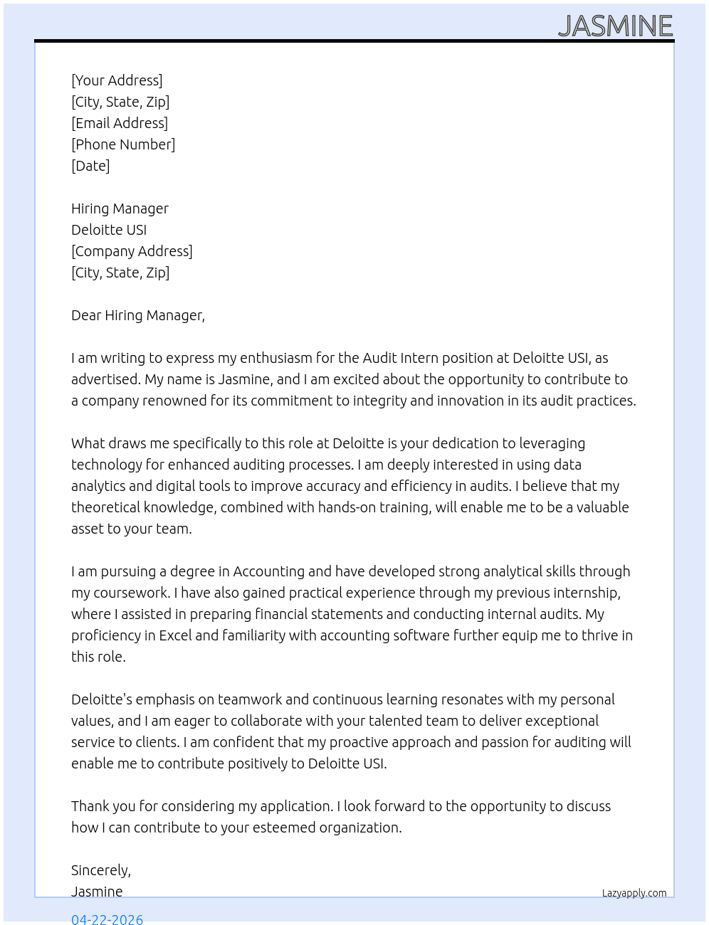Cover letter for audit intern - LazyApply
