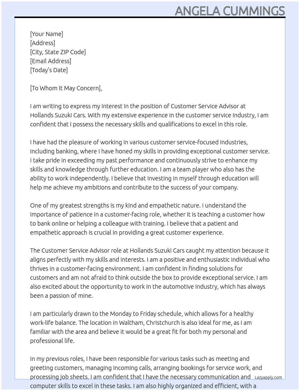 Customer Service Advisor  At Hollands Suzuki Cars Cover Letter