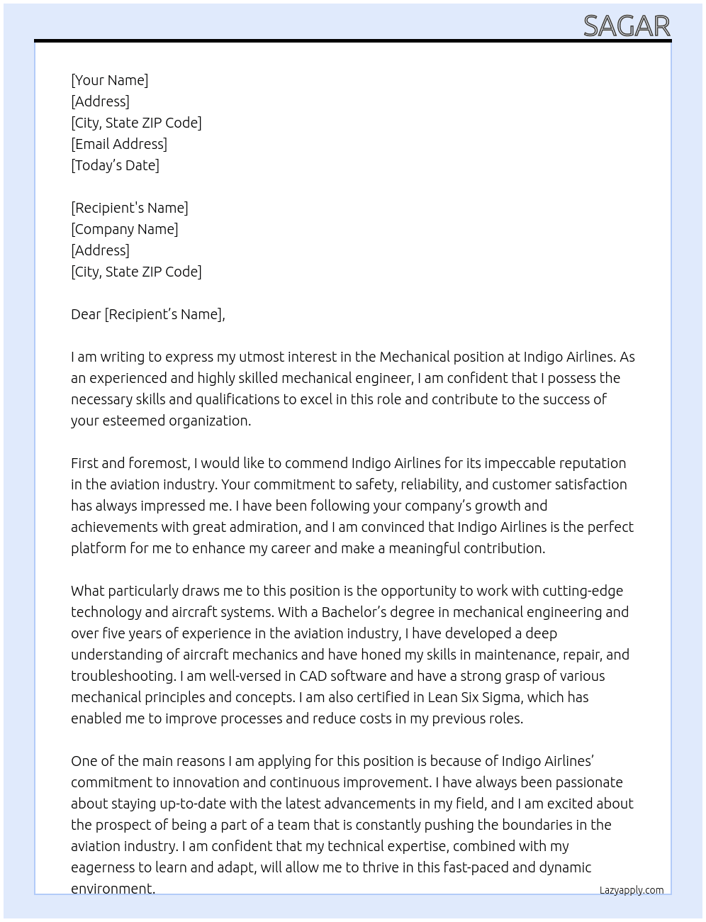 Mechanical  At Indigo airline  Cover Letter