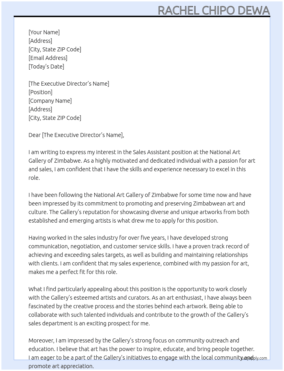 sales assistant  At National Art Gallery of Zimbabwe Cover Letter