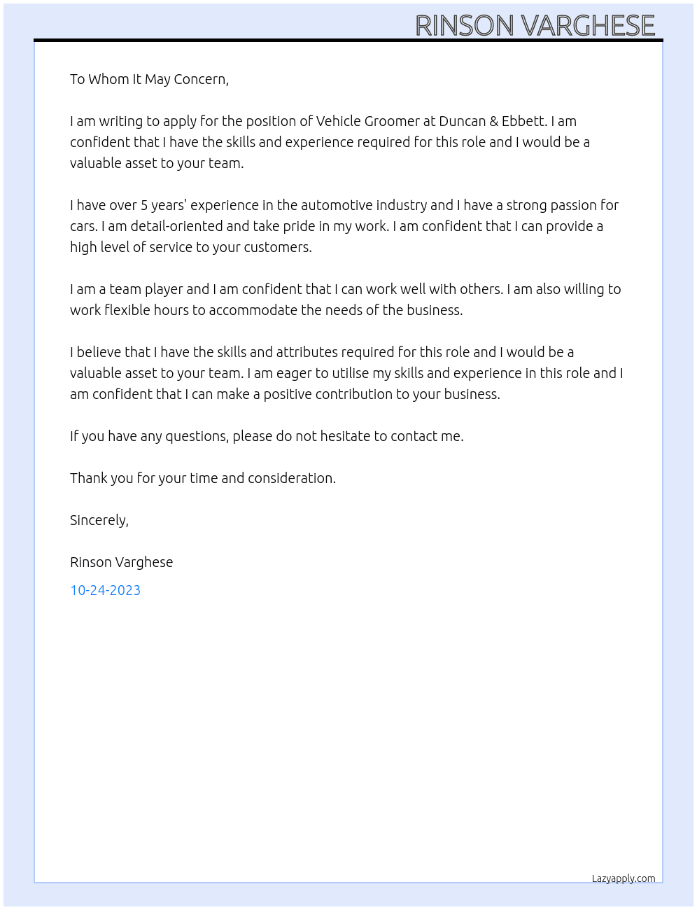 Vehicle Groomer  At Duncan & Ebbett Cover Letter