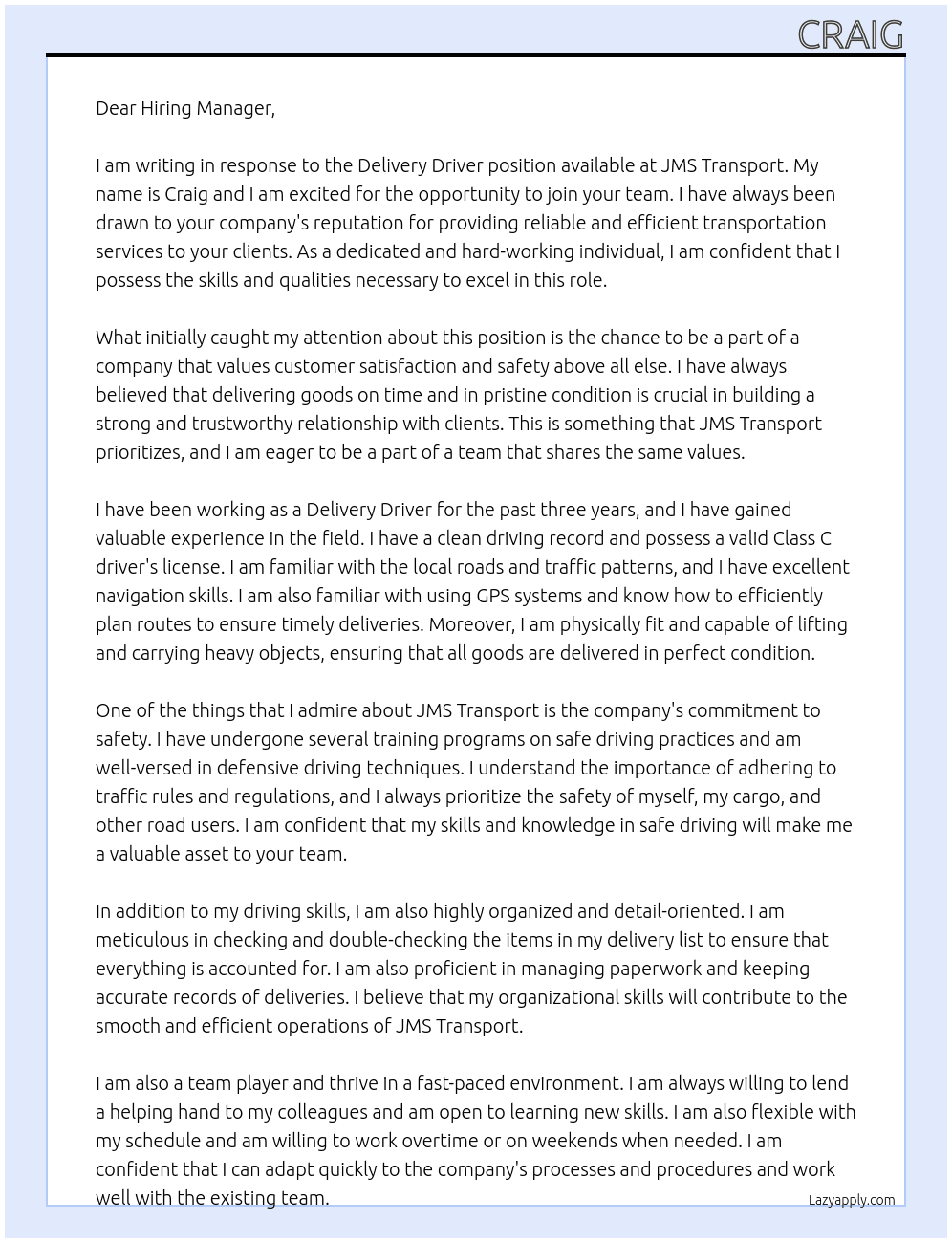 Delivery Driver At JMS Transport Cover Letter