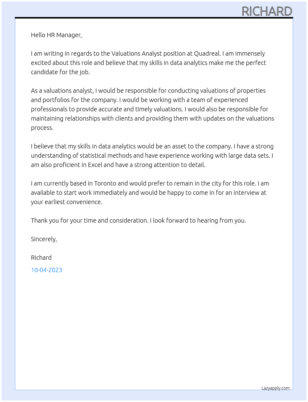 Valuations Analyst At Quadreal  Cover Letter