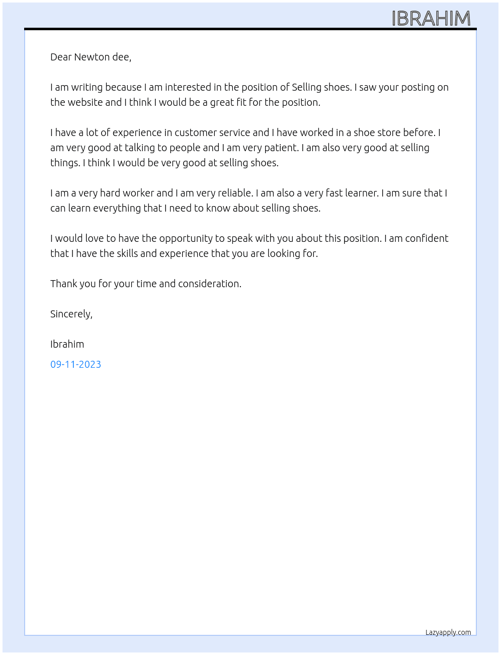Selling shoes At Newton dee Cover Letter
