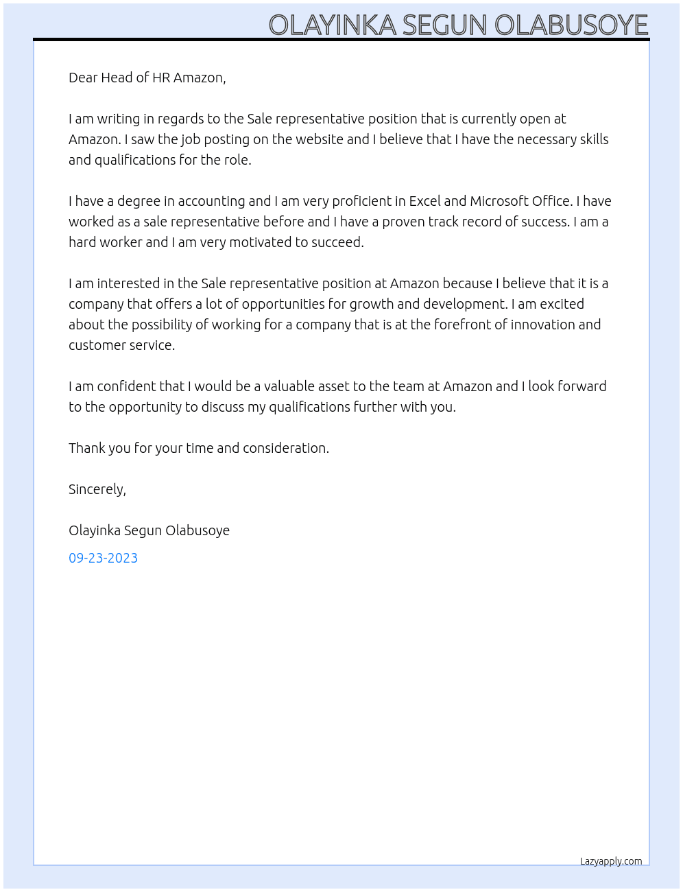 Sale representative  At Amazon  Cover Letter