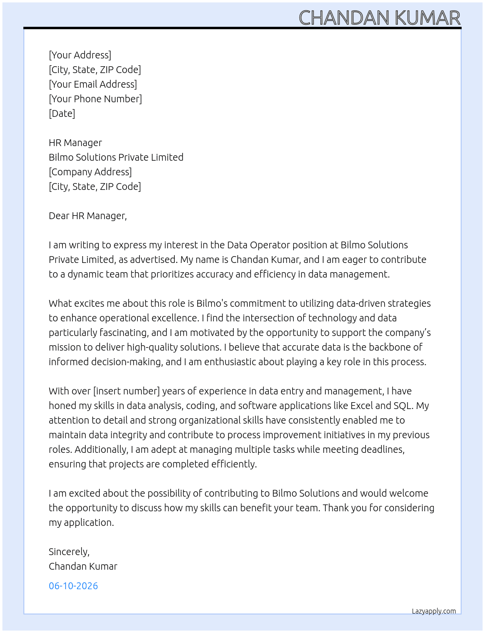 Data operator  At Bilmo solution s private limited  Cover Letter