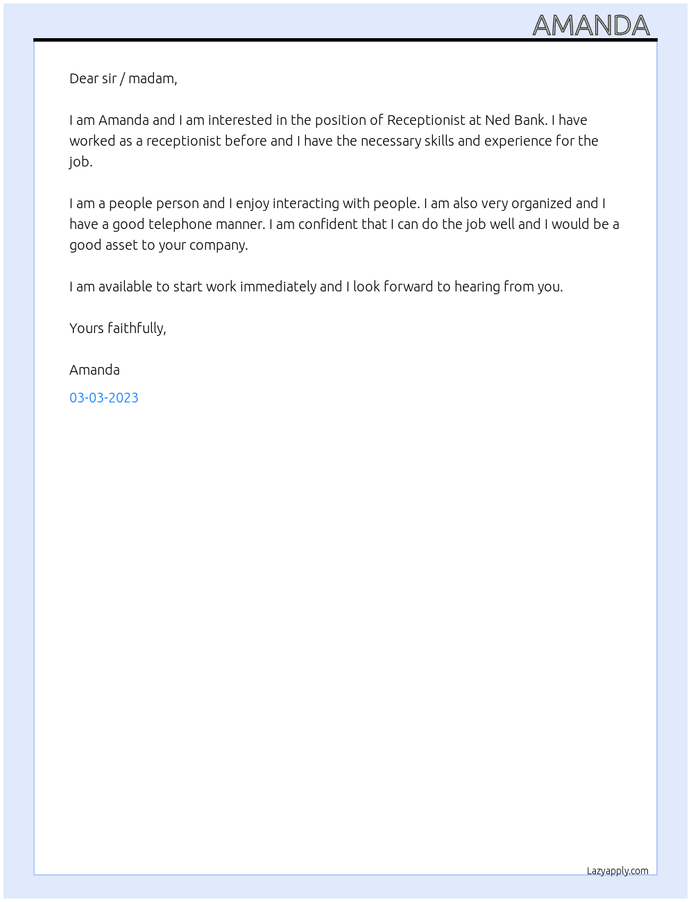 Receptionist  At Ned Bank  Cover Letter