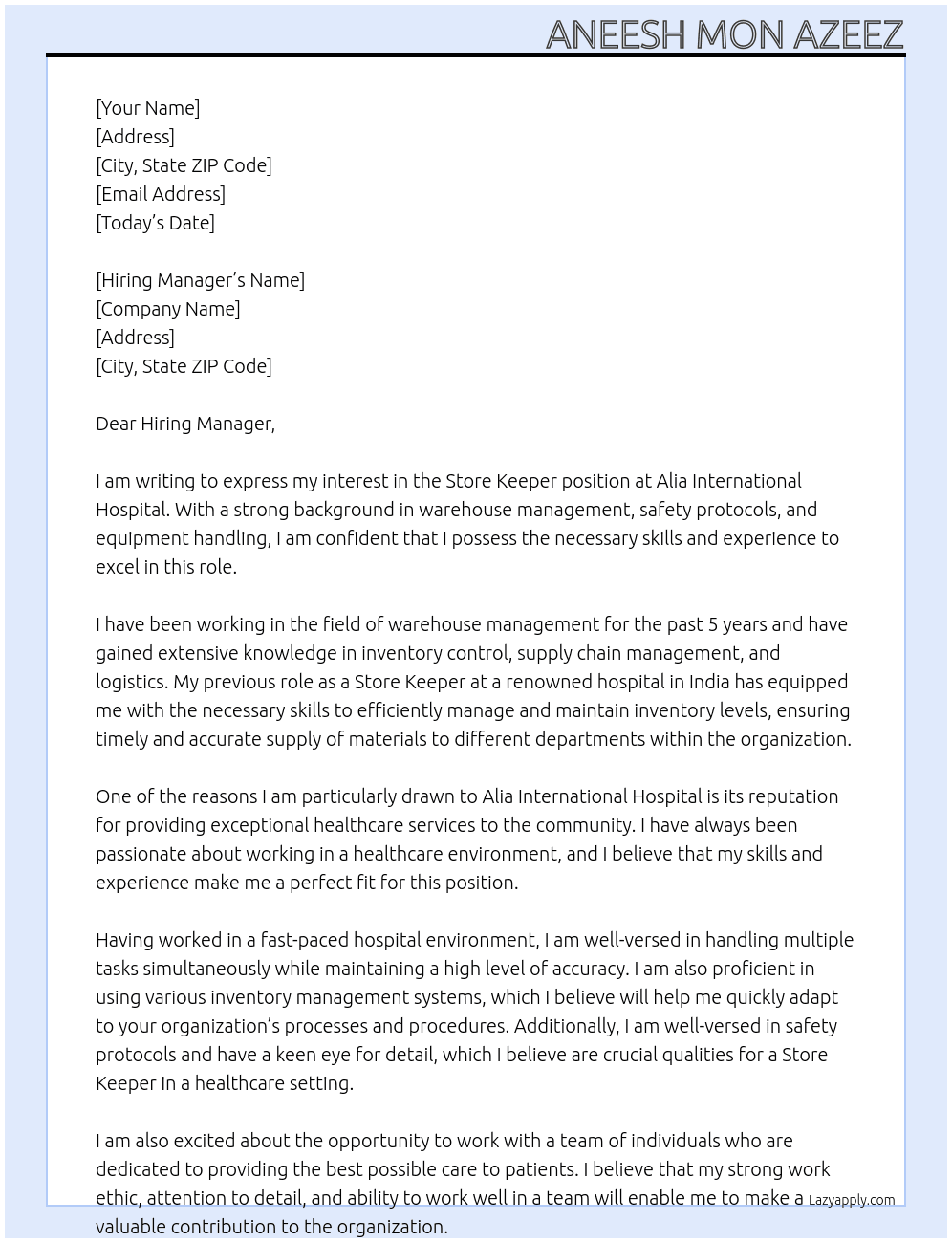 Store keeper At Alia international hospital Cover Letter