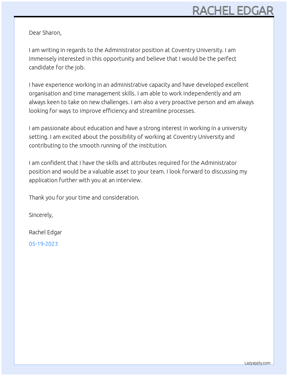 Administrator At Coventry University Cover Letter