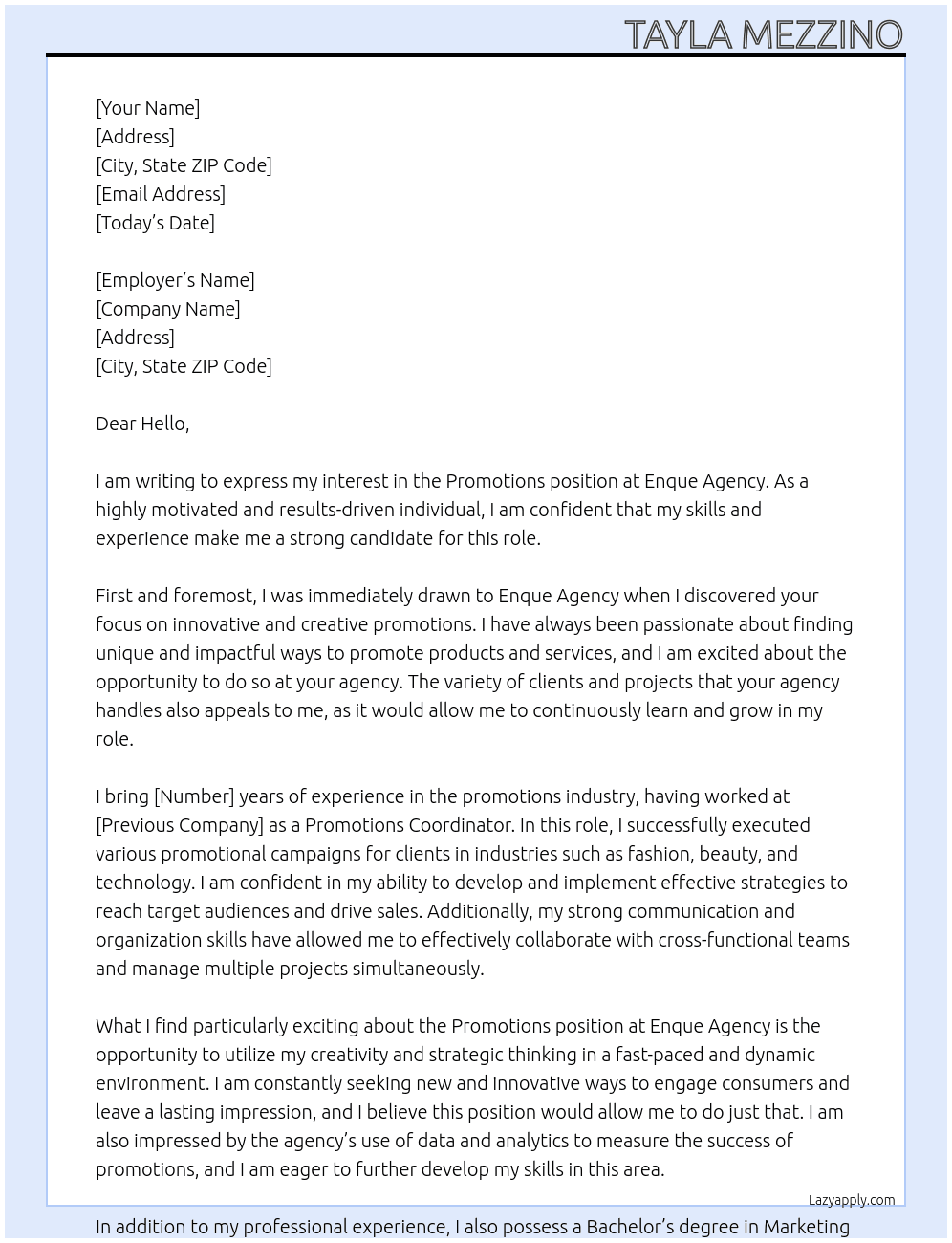 Promotions At Enque Agency Cover Letter