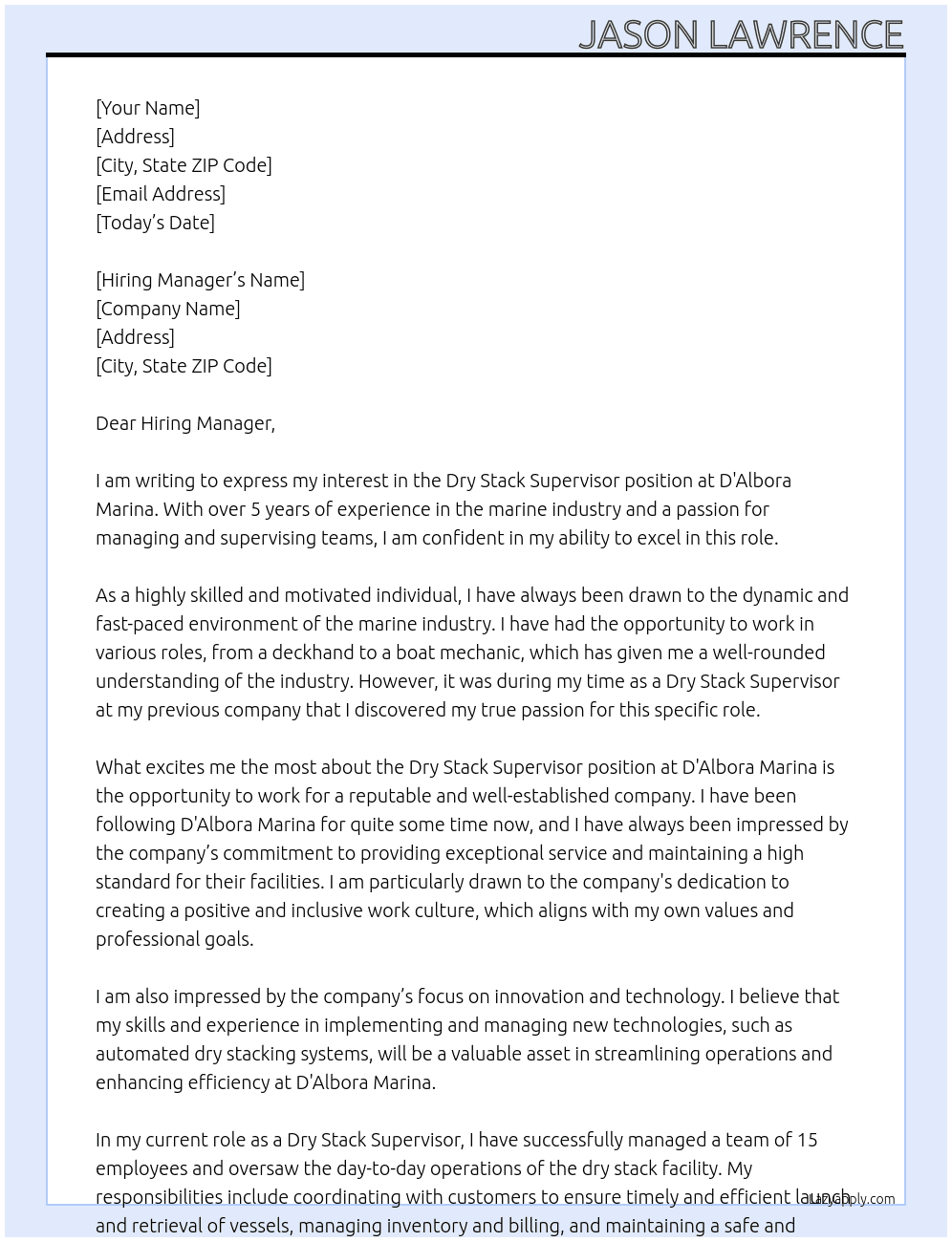 Dry Stack Supervisor At D'Albora Marina Cover Letter