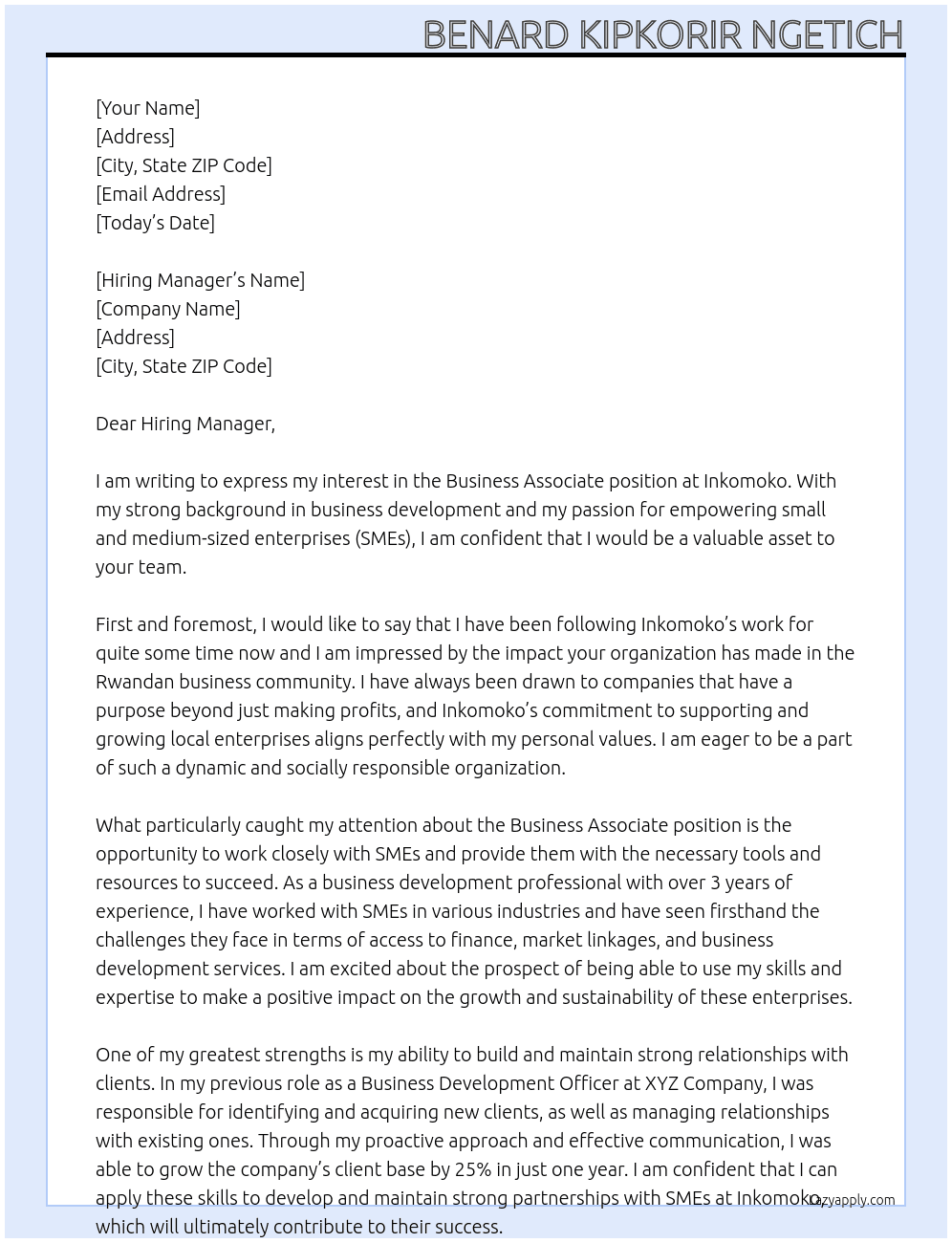  Business Associate  At Inkomoko  Cover Letter