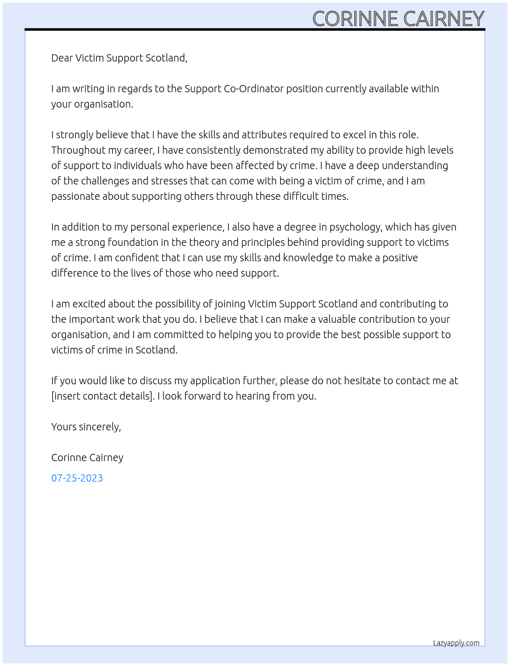 Support Co-Ordinator  At Victim Support Scotland  Cover Letter