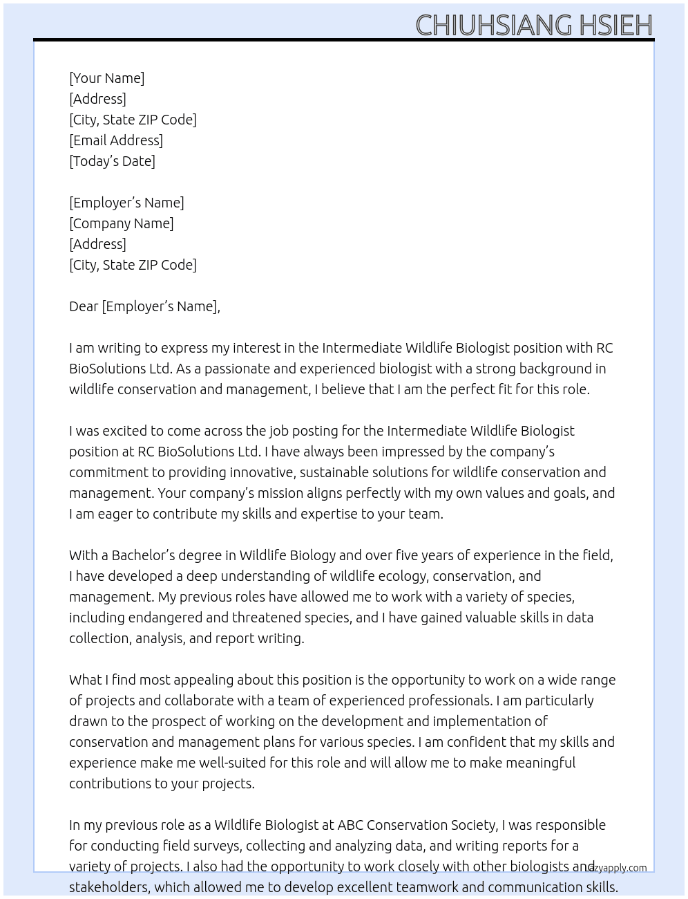 Intermediate Wildlife Biologist At RC BioSolutions Ltd. Cover Letter