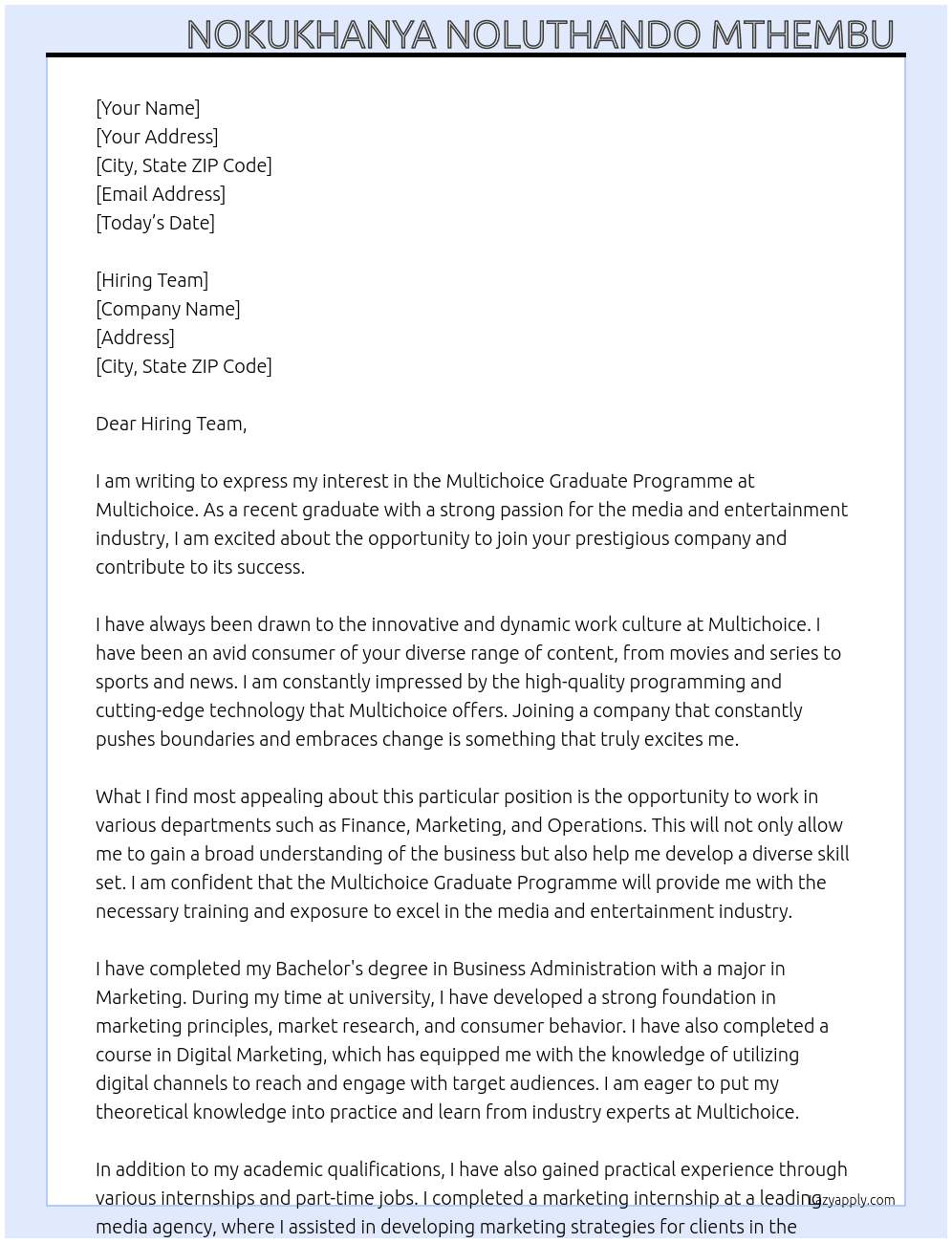 Multichoice Graduate Programme  At Multichoice  Cover Letter