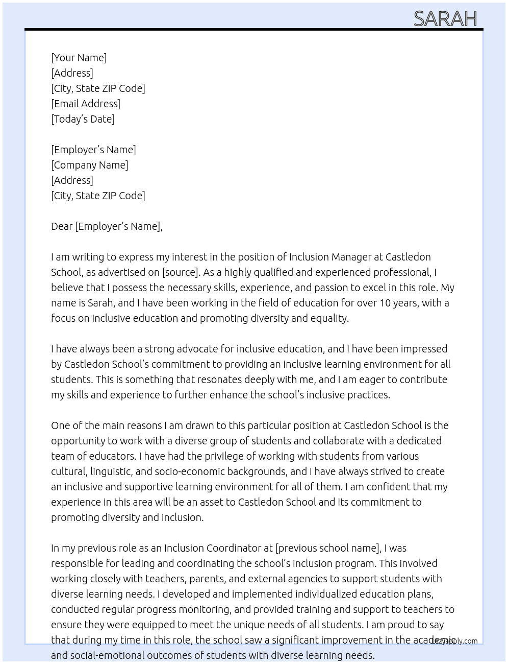 Inclusion manager  At Castledon School  Cover Letter