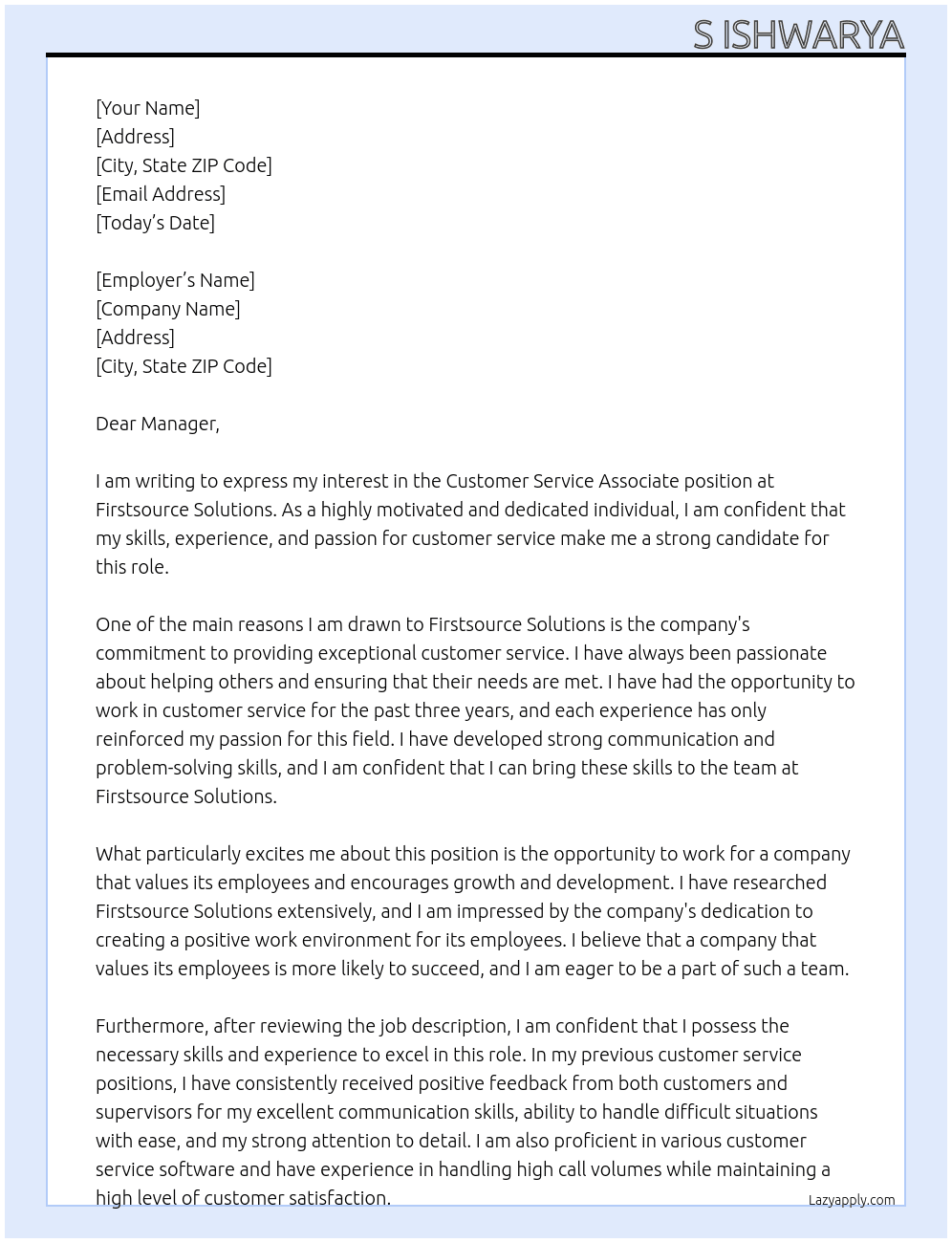 Customer service associate  At Firstsource solutions  Cover Letter