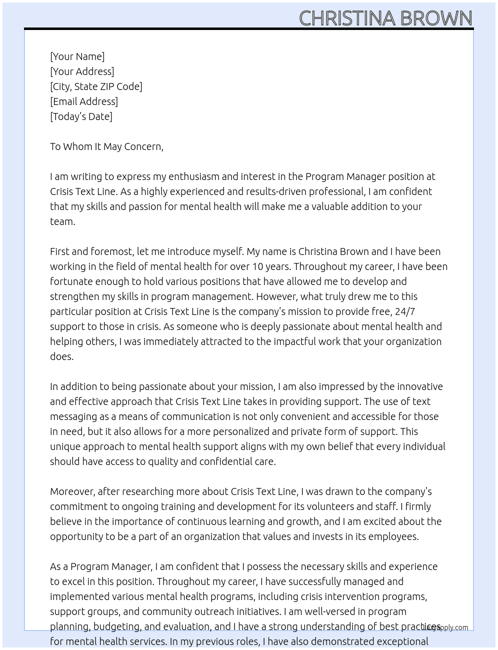 Program Manager At Crisis Text Line Cover Letter