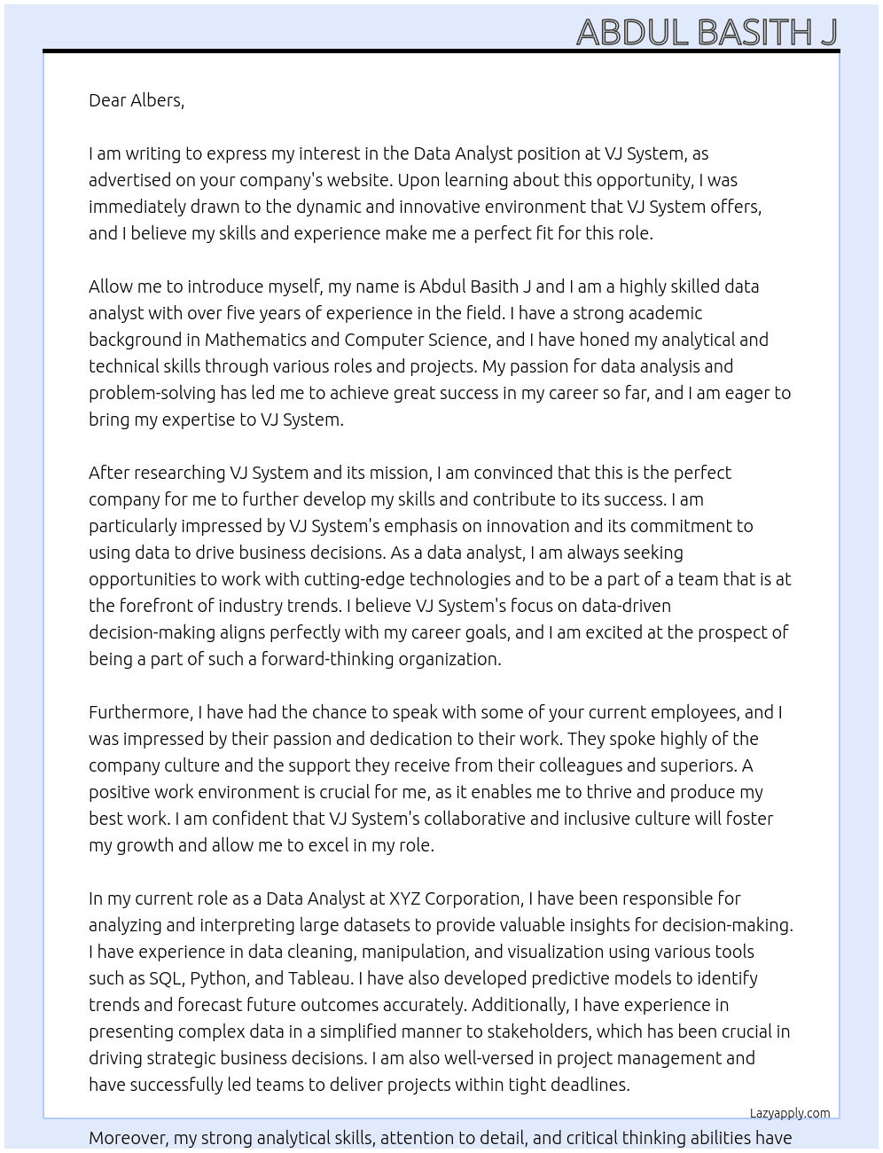 Data analyst At vj system Cover Letter