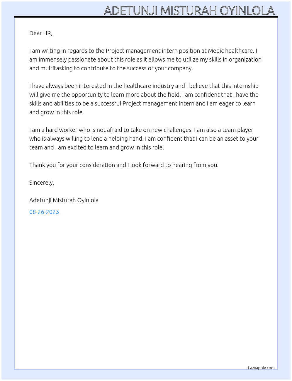 Project management intern At Medic healthcare  Cover Letter