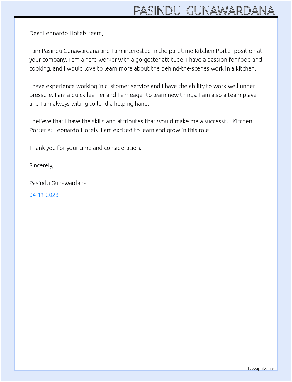 Part time Kitchen Porter At Leonardo Hotels Cover Letter