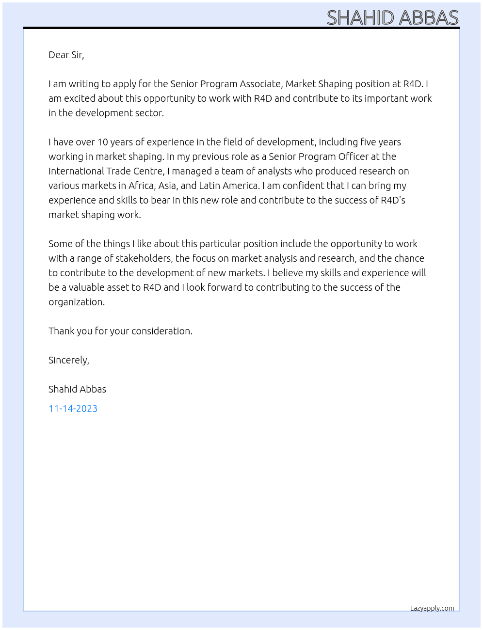 Senior Program Associate, Market Shaping At  R4D Cover Letter