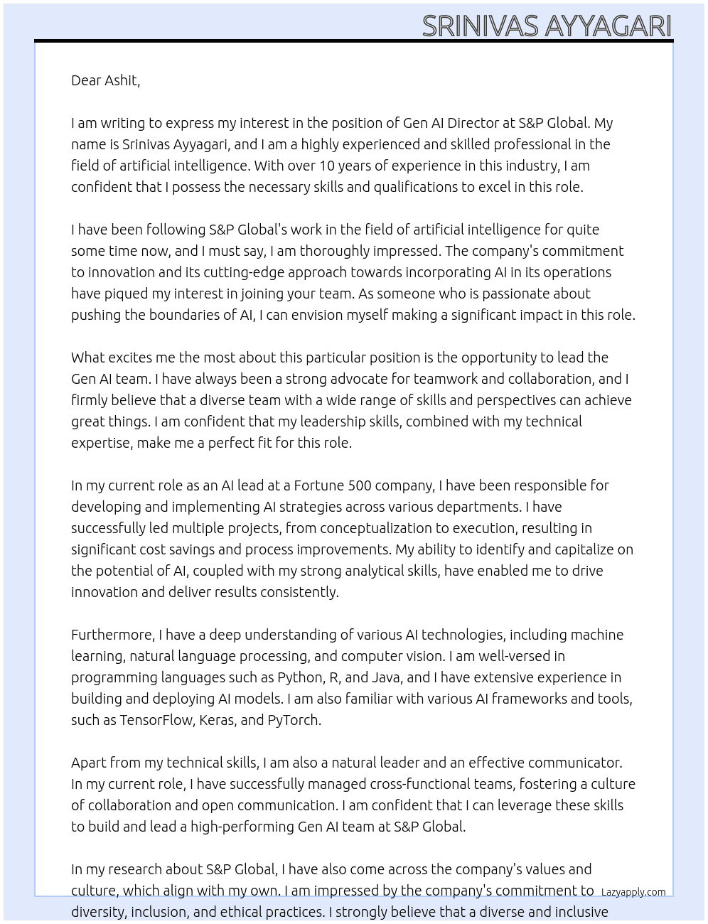 Gen AI Director At S&P Global Cover Letter