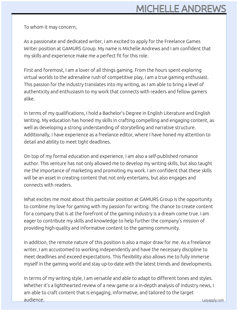 Freelance games writer  At GAMURS Group Cover Letter
